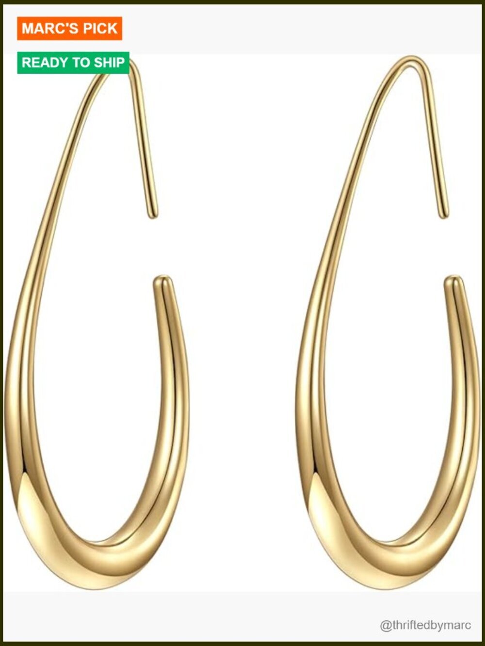 Lightweight Teardrop Hoop Earrings - 14k Gold Plated Large Pull Through Oval